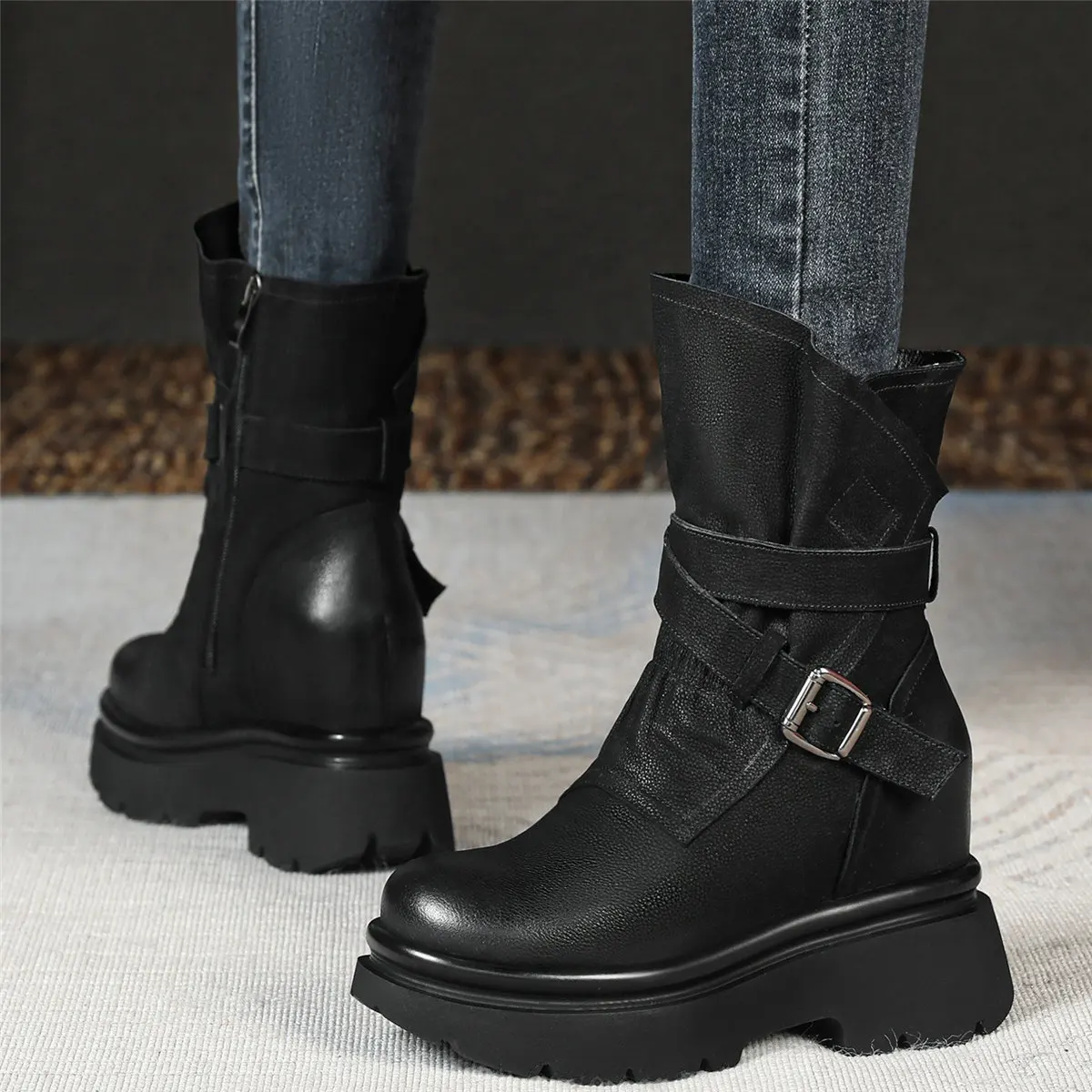 Winter Fashion Sneakers Women Genuine Leather Wedges High Heel Ankle Boots Female High Top Round Toe Platform Pumps Casual Shoes