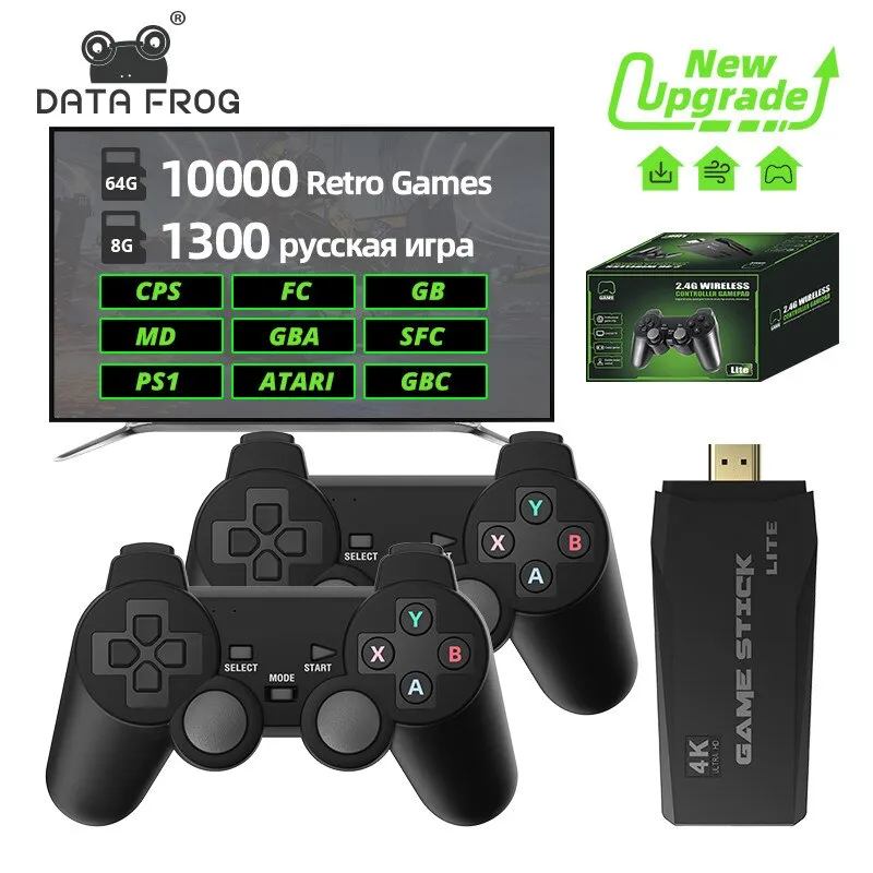   DATA FROG 레트로 비디오 게임 콘솔, 2.4G 무선 콘솔 게임 스틱, 4k 10000 게임, TV용 휴대용 Dendy 게임 콘솔 