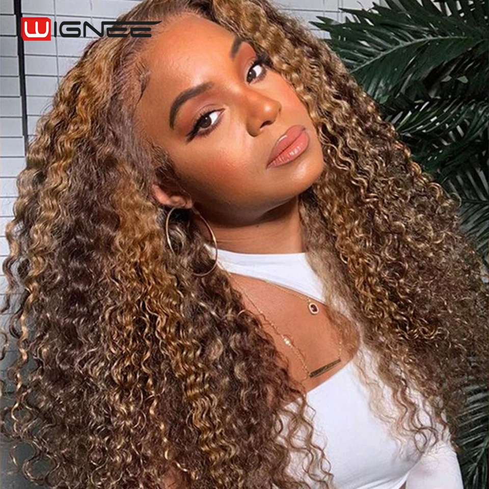 Wignee Highlight Ombre Lace Frontal Wig Curly Human Hair Wigs 4/27 Honey Blonde Colored Deep Wave Lace Front Wig For Black Women