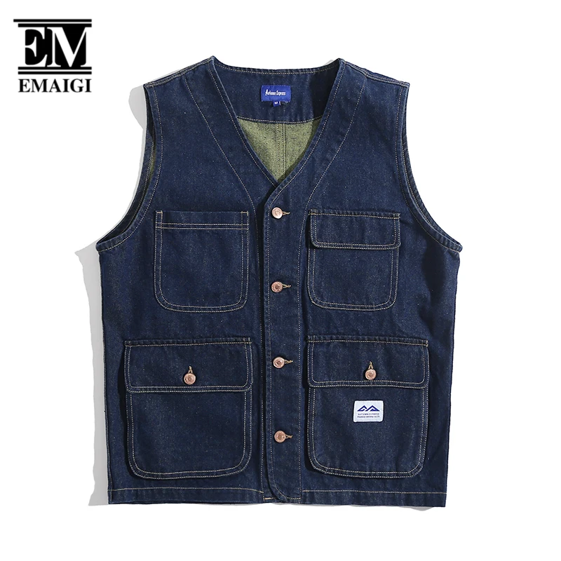 

Men Women Multiple Pockets Japanese Harajuku Streetwear Fashion Denim Cargo Vest Jacket Man Loose Casual Jeans Waistcoat Couple