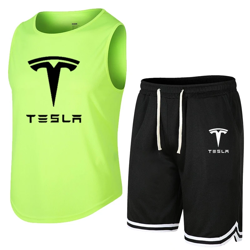 Tesla Summer basketball Sleeveless T-Shirt Set Men Tank Top + Shorts Male Fitness Competition Training Vest ventilate Tracksuit