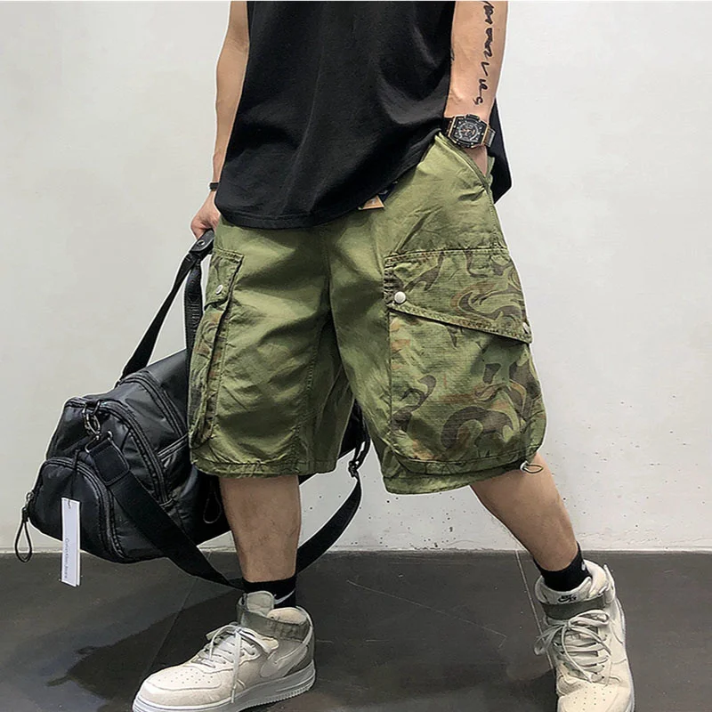 

American Camouflage Summer Pocket Patchwork Cargo Shorts MensLoose Hip-Hop Green Casual Five-point Pants Male