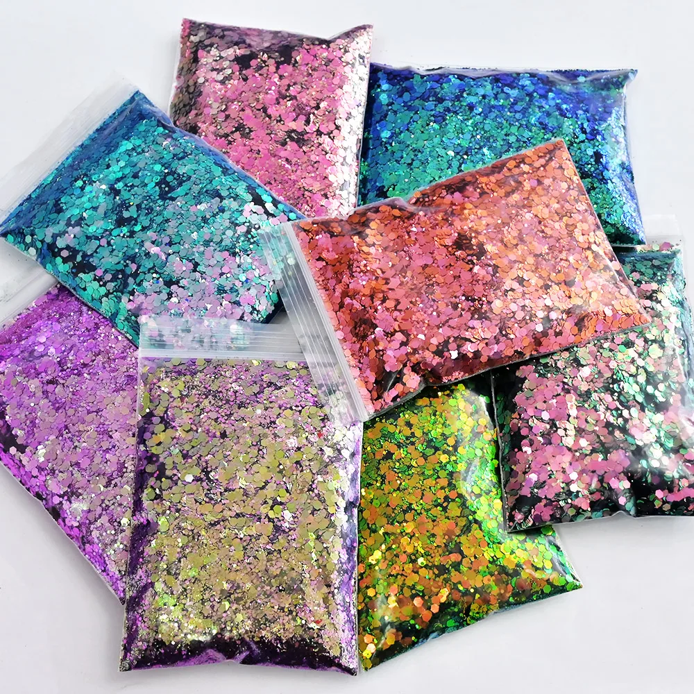 

50g/Bag Chameleon Color Glitter Nail Art Decoration Color Change Mixed Size Hexagon Laser Sequin Chunky Glitters Manicure Flakes