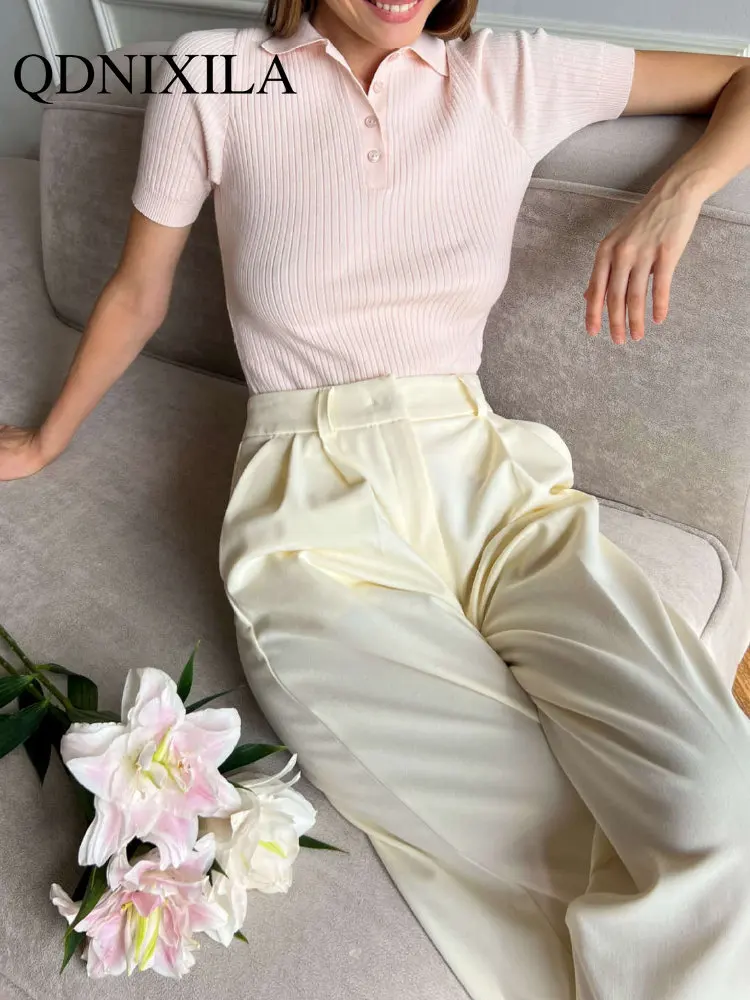 

New In Women's Knitted Polo T-shirt Green Elegant Short Sleeve Women Summer Top Ribbed Sweater Slim Basic Polo Collar for Women