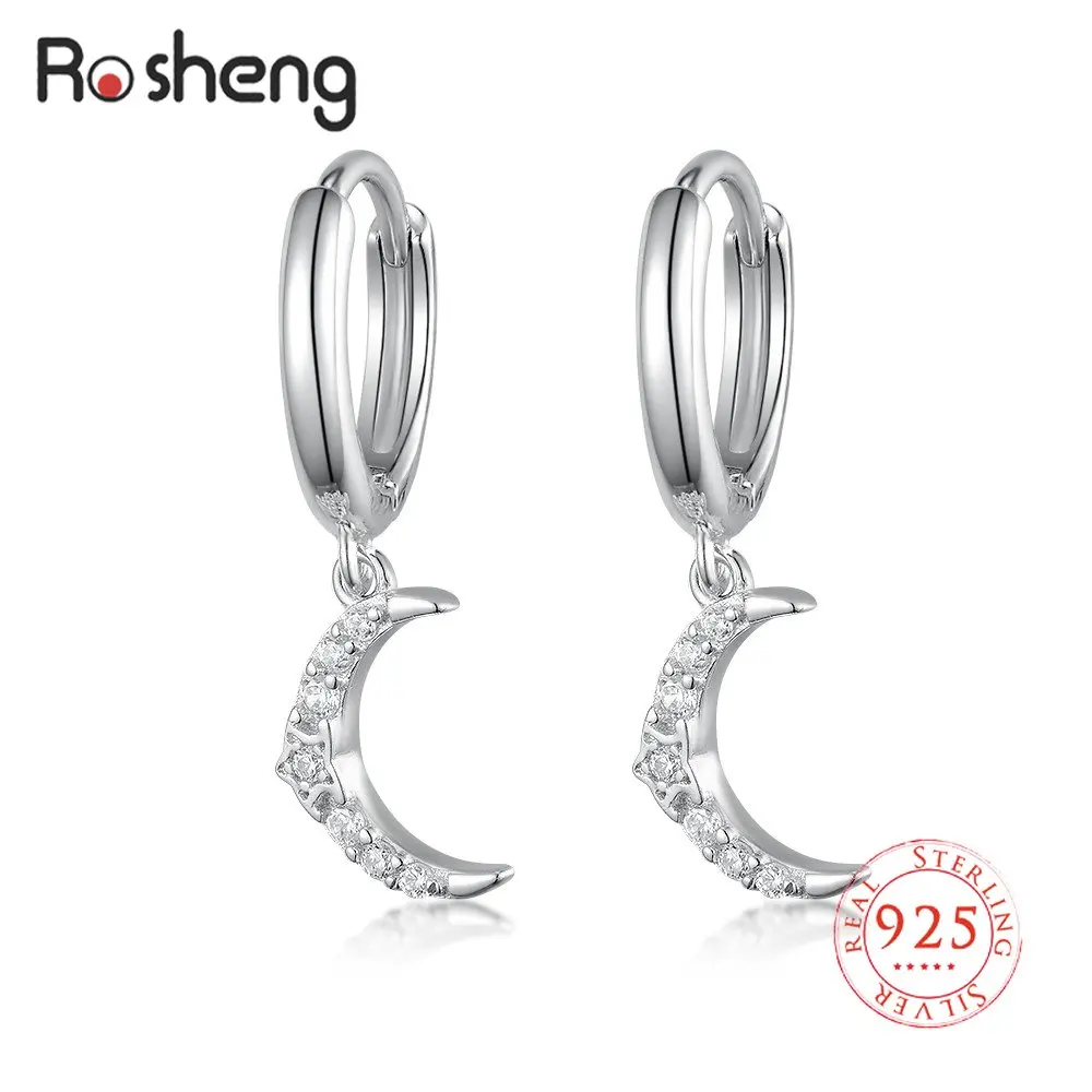 

Rosheng 925 Silver Sterling Moon Earrings Hoop Shining Zircon Pendante for Women Lovers' Couples Party Engagement Fine Jewelry