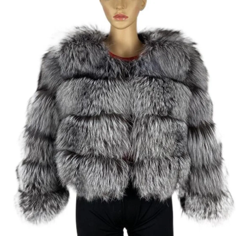 Women's Winter Luxury Real Raccoon Fur Coat  Silver Fox Top Hooded Natural Warm Thicken Jackets New Leather Fur Zipped Outwear