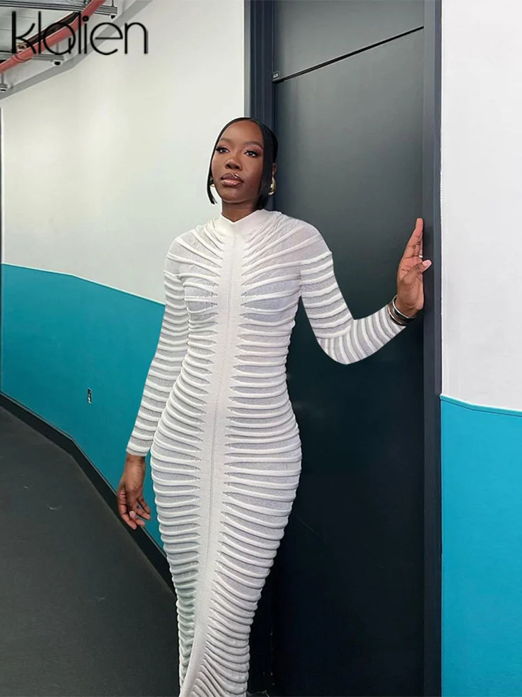 

KLALIEN Elegant Knitted Long Dress for Women Autumn Sexy See Through Striped Slim Party Evening Midi Dresses Bodycon Robe