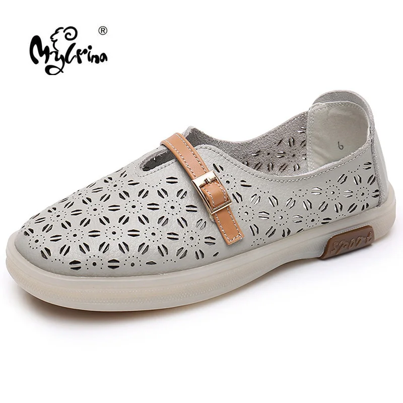 

100% Genuine Leather Women Shoes Summer Hollow Casual Loafers Female Plus Size White Shoes Flats New Breathable Outdoor Footwear