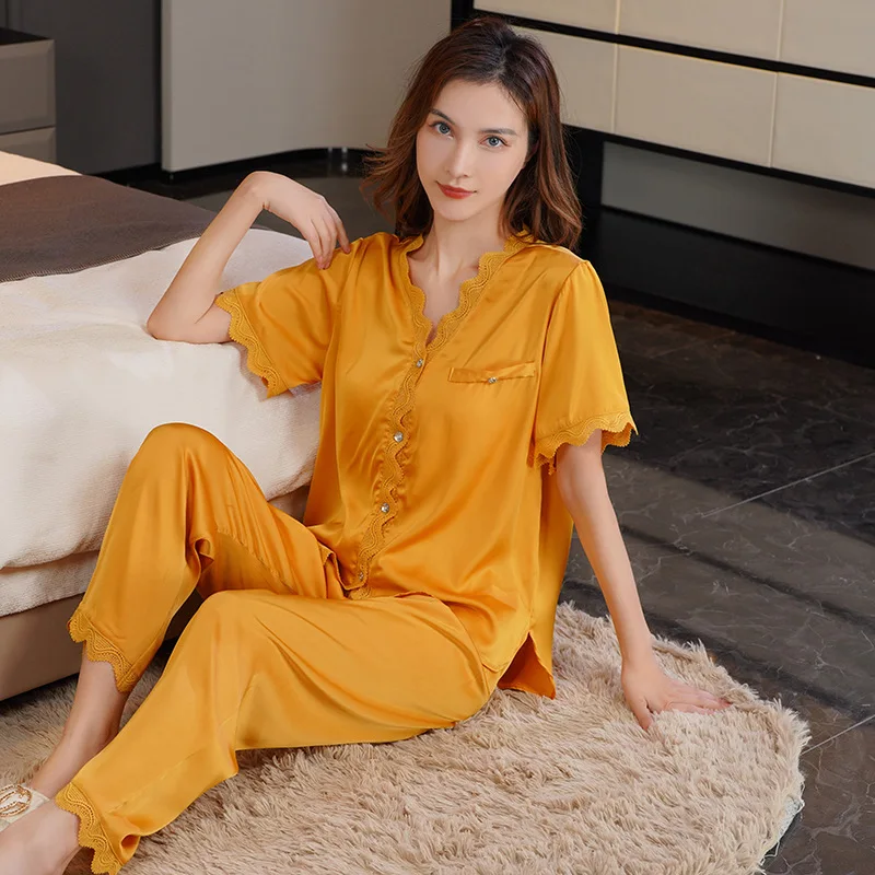 Summer Sleepwear for Women Silk Cool Feeling Short-sleeved Trousers Sexy Pajamas Two Pieces Suit Leisure and Smooth Loungewear