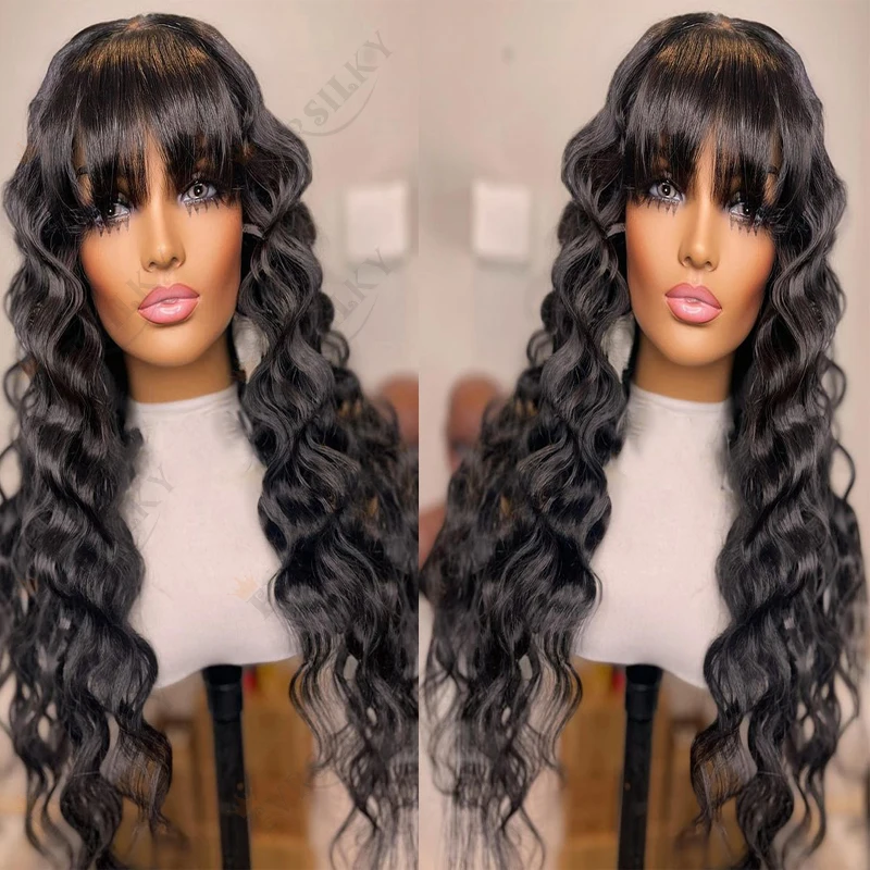 

Fringe Deep Wave 13X4 Lace Front Human Hair Wigs For Black Women Pre Plucked 200 Density Natural 360 Frontal Bangs Wig Remy