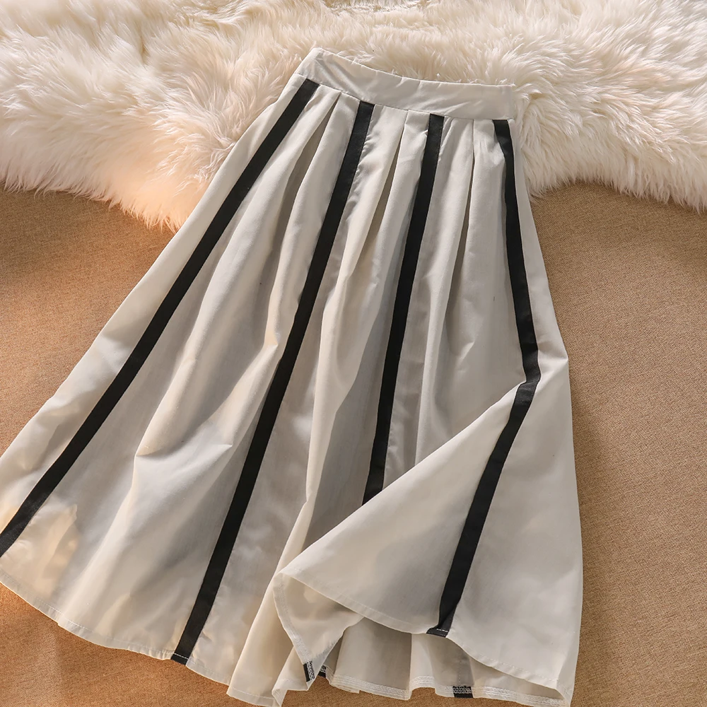 Ball Gown Design Striped Swing Maxi Skirt Women 2022 Spring Slim A-line Skirt Korean Elegant Casual Loose Medium Length Skirt