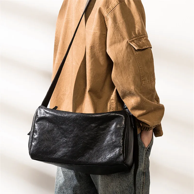 Simple casual luxury genuine leather men's black shoulder bag outdoor weekend daily natural soft real cowhider crossbody bags