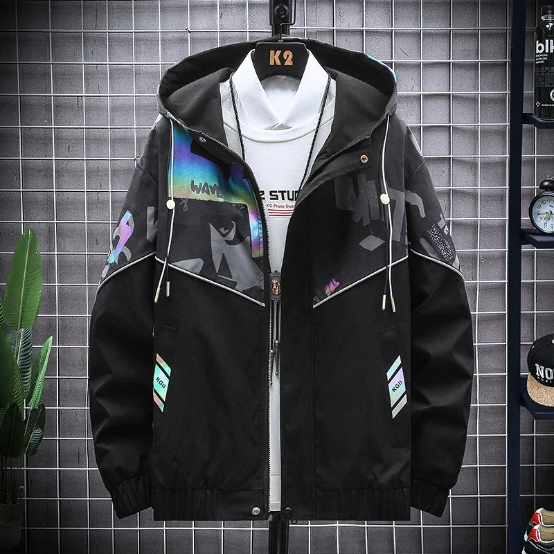 

2022 Spring Autumn Men Fashion Jacket Hooded Camouflage Reflective Trendy Streetwear Mens Bomber Jacket Coat Zipper Size 6XL