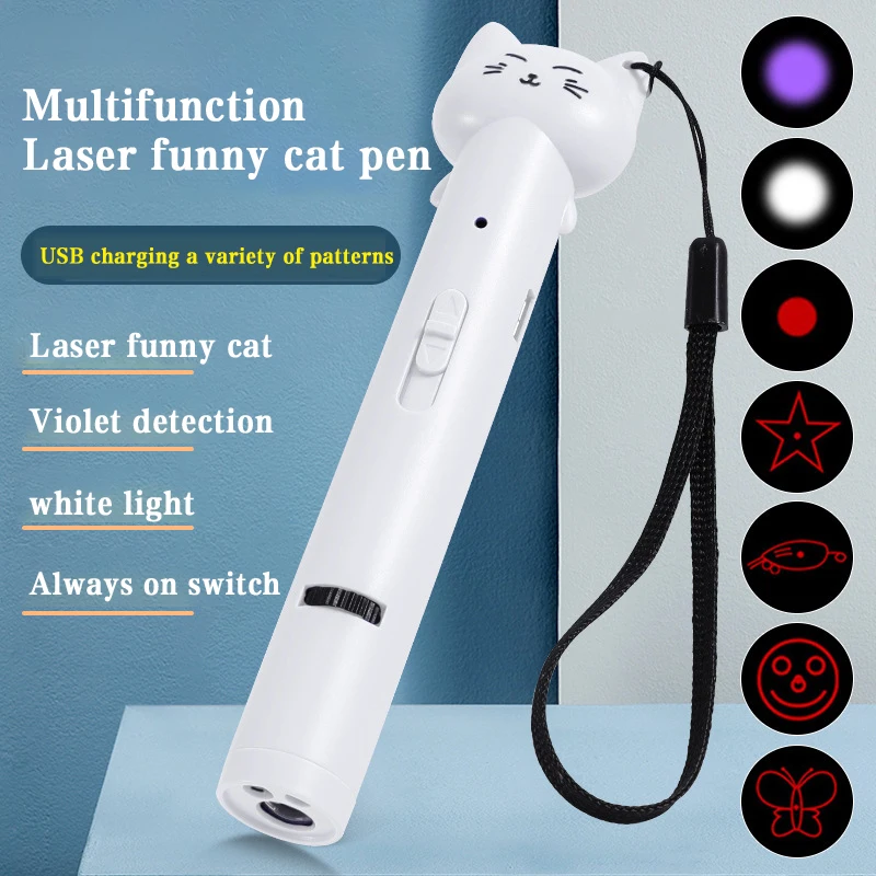 

1pc Funny Pet Cat Pen Laser Multifunction USB Multi-pattern Projection Three-in-one Laser Toy Feather Stick Animal Toys