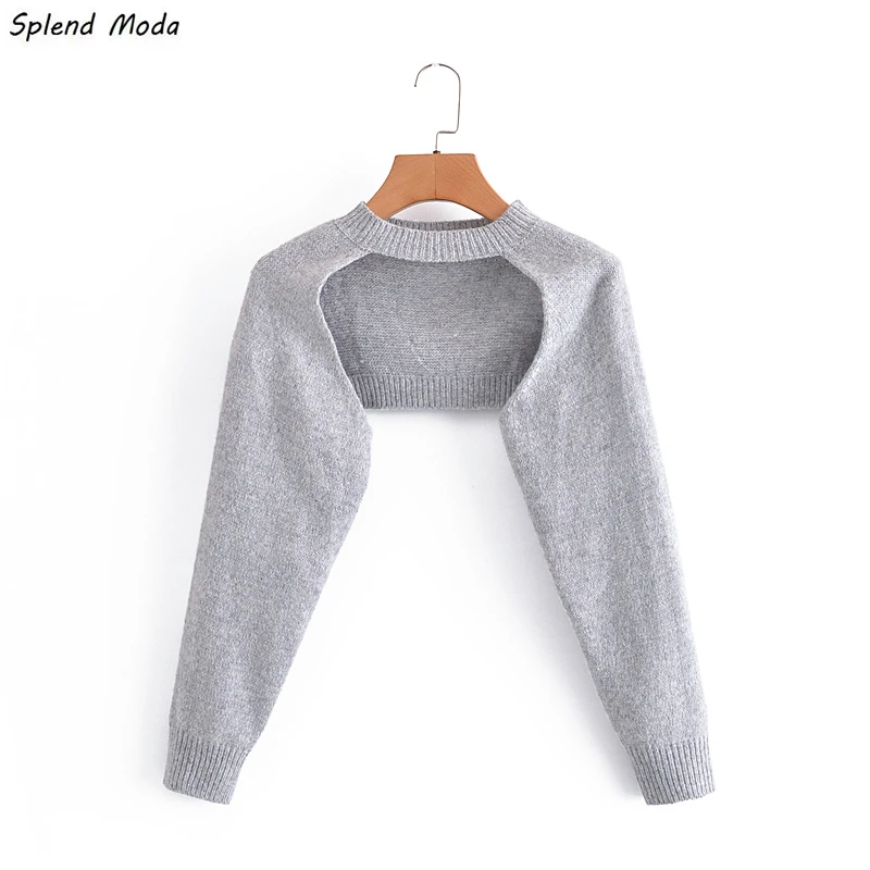 

Модный новый осенний пуловер, вязаный Топ с длинным рукавом, женская вязаная ультра-короткая серая шаль с круглым вырезом, модный свитер для...