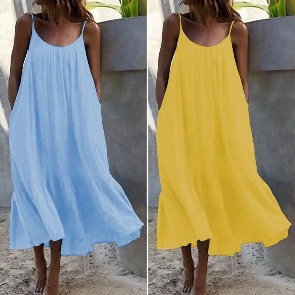 

Cool Long Dress Casual Summer Dress Solid Color Women Sling Loose Long Dress Soft