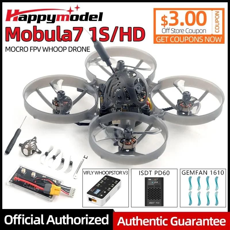 Квадрокоптер Happymodel Mobula 7 Mobula7 1S/HD 75 мм Micro FPV Whoop VTX 2,4G ELRS приемник Runcam Nano3 бесщеточный двигатель
