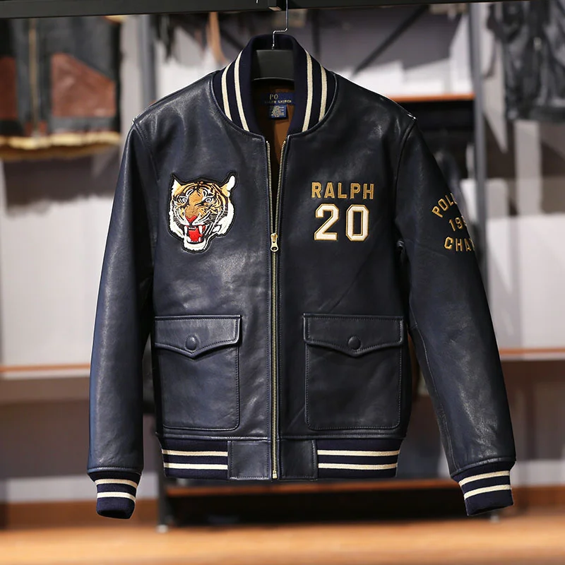 

Embroidery Tanned Baseball Tiger Stand Leather Top Leather Collar 2022 Sheep Coat Quality Jacket Vegetable Real
