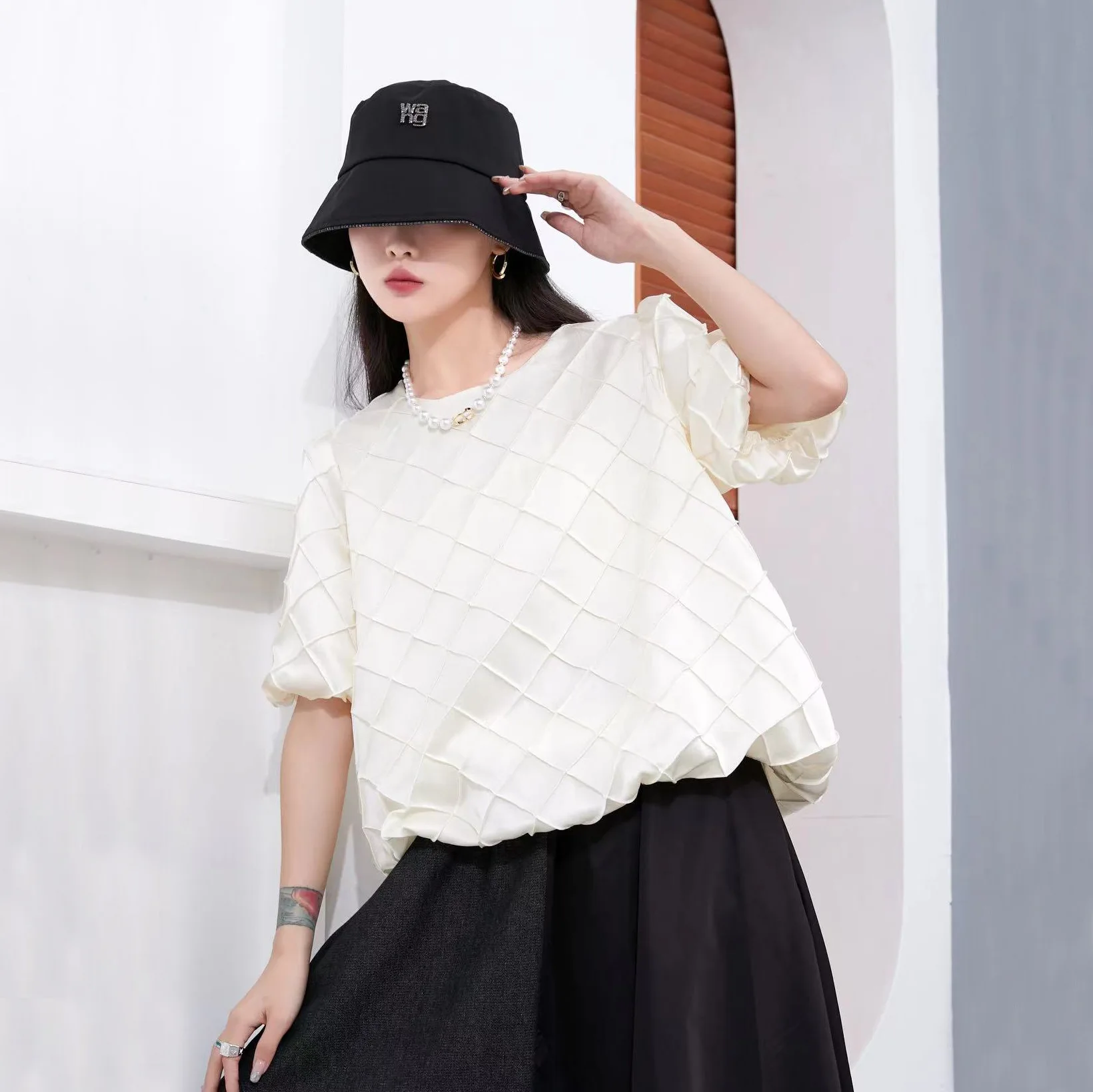 

SuperAen 2022 Summer Puff Sleeve Solid All Match Casual O Neck Woman Tshirts
