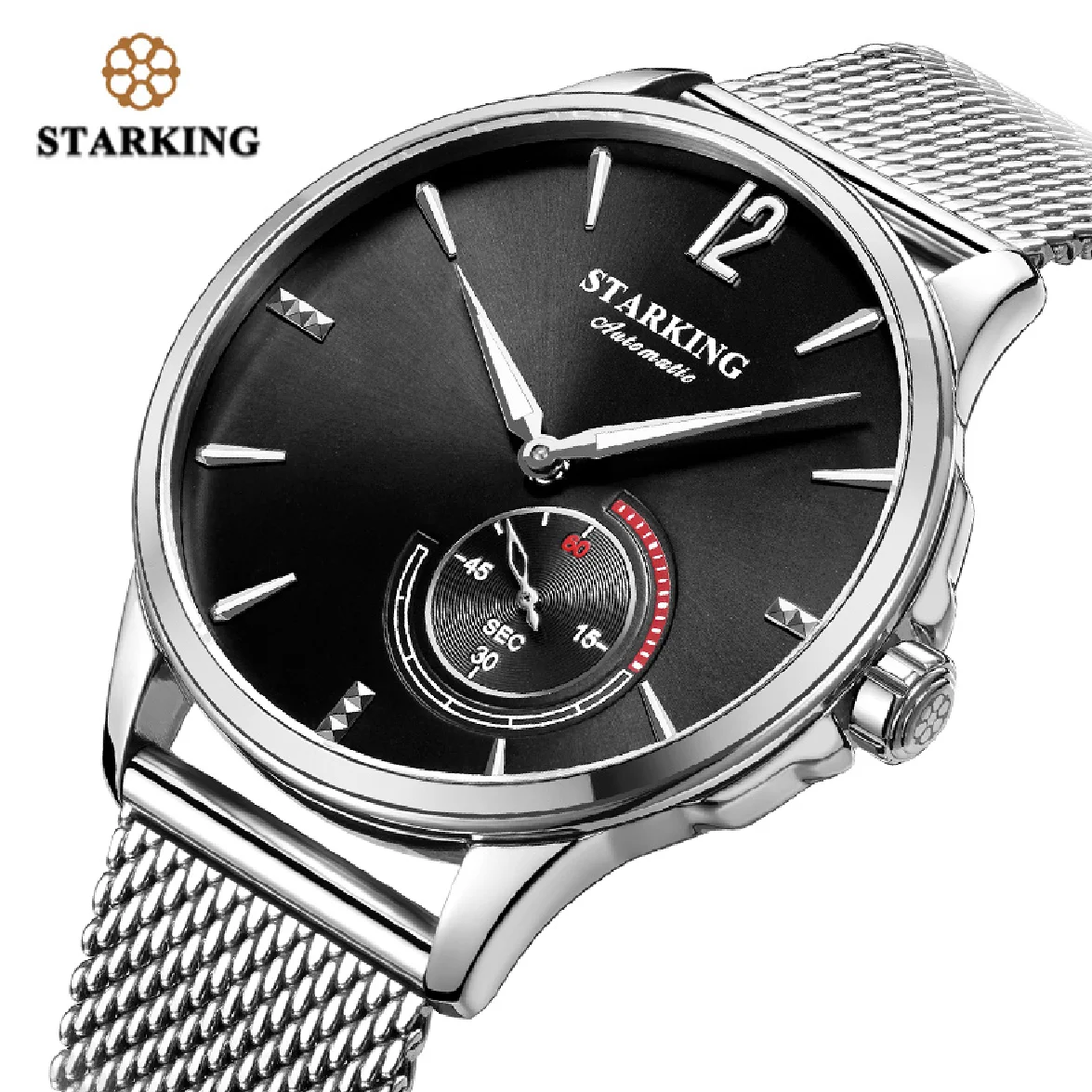 

STARKING Stainless Steel Mechanical Watch Black Men Automatic Classic Mesh Band Male Wrist Watch 5Bar Water Resistant AM0273