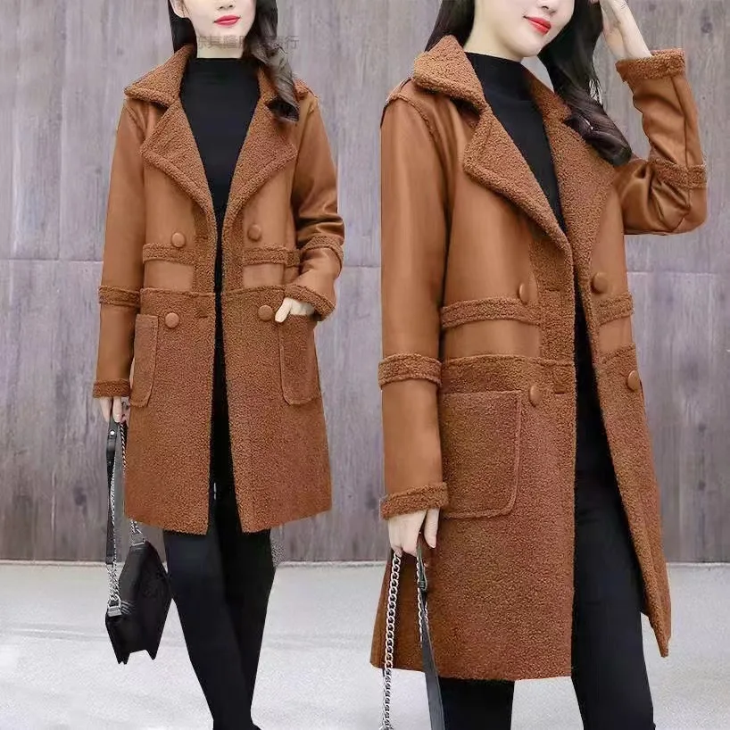 Medium Length Women's Leather Clothes for Women Vintage Brown Double-sided Plush Korean Fashion of Slim Fitting Women's coat