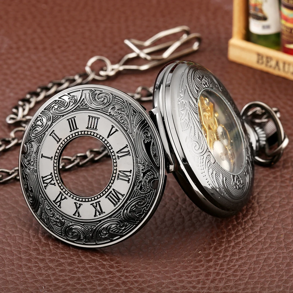 Classic Black Roman Numerals Manual Mechanical Pocket Watch Vintage Hot Hand Winding Pendant Pocket Timepiece Men