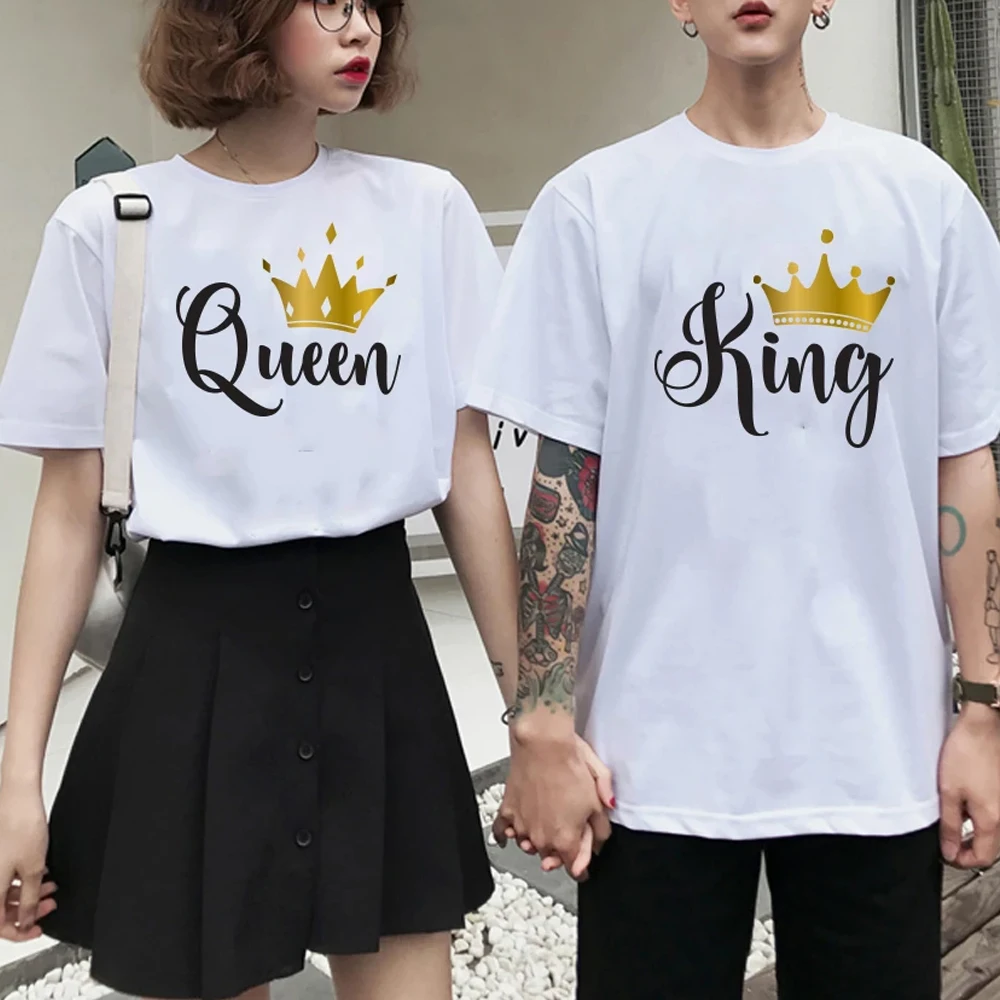 

High Quality King Queen Printed Lover Couples T-shirt Harajuku Womens Top Crown Couple Clothes Summer Women Man Short Sleeve Tee