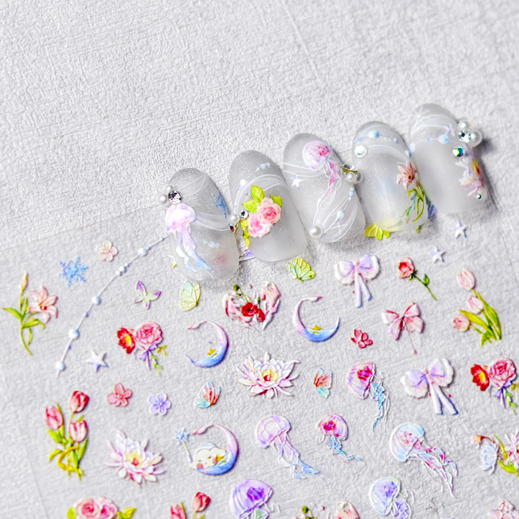 

Милая Красивая Медуза тюльпан розовый цветок 5D мягкая рельефная самоклеящаяся декоративная наклейка для ногтей 3D Маникюр DIY Наклейка