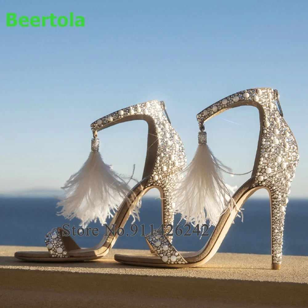 

Pearl Feather Luxury Design Sandals For Female Women Thin High Heel Round Toe Wedding Romantic Fashion Elegant Summer Shoes