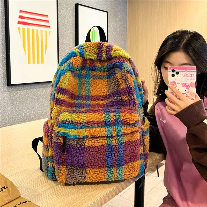 

Retro Plaid Women's Backpack 2024 Autumn/winter Lamb Hair Schoolbag Student's Book Bag Leisure Travel Backpack