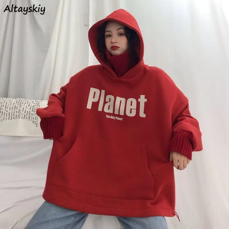 

Winter Women Letter Hoodies Turtleneck Fake Two Pieces Hot Sale Student Hooded Sweatshirt Thick Fashion Japanese Long Sleeve Top