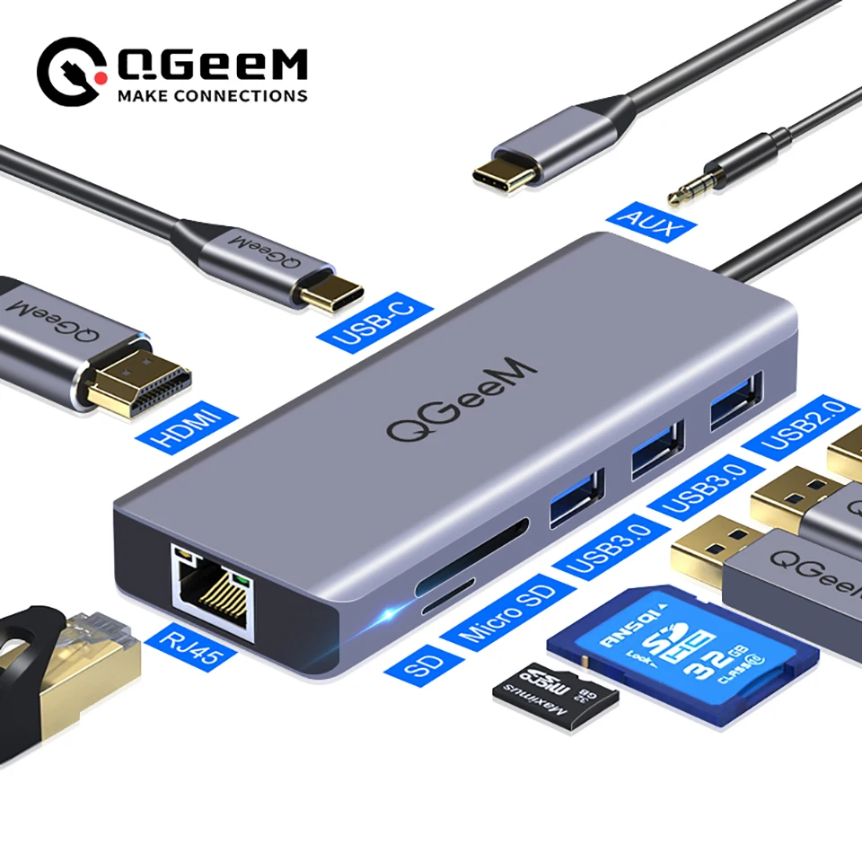 Концентратор QGeeM USB C для Macbook Pro Air Xiaomi HDMI VGA Считыватели карт Micro SD RJ45 Aux PD Зарядное