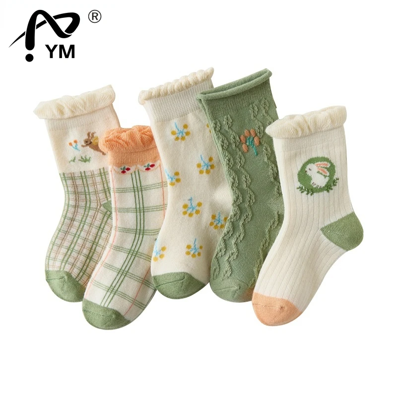 

New 5 Pairs/lot 1 to 12 Yrs Girls Socks Autumn Winter Socks Warm Stripe Plaid School Cartoon Cute Kids Socks Fashion