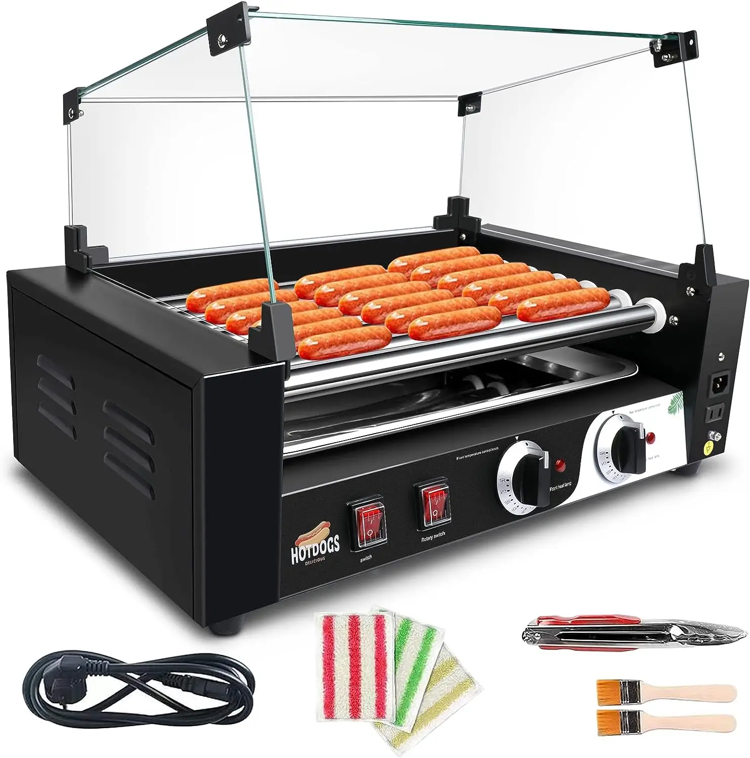 

Hot Dog Roller Machine, Dual Temp Control Commercial Contact Grills with Removable Stainless Steel Drip Tray and Cover, 18 Hot