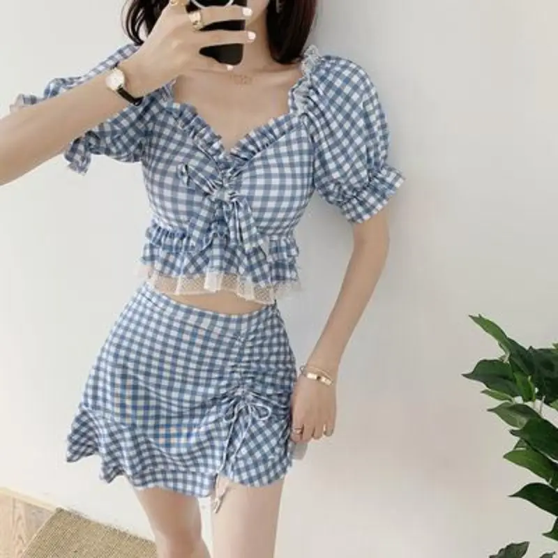 

Kawaii Swimsuit Women Summer Fairy Student Plus Size Thin Covered Belly Split Hot Spring Lace Edge Swimsuit