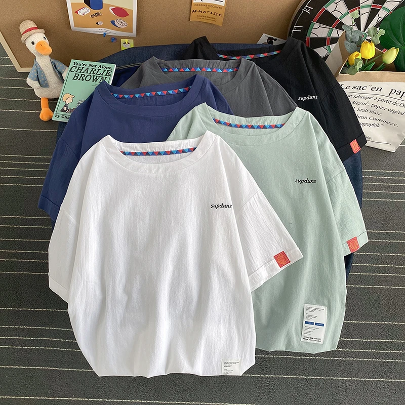 

3 Styles Linen Various labels Male Breathable Summer T-shirt Shirt New Men's Short-Sleeved T-shirt Cotton and Linen Led Casual