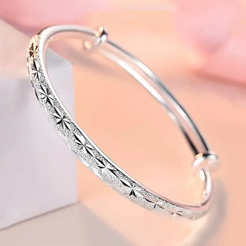 

Elegant Fashion Simple Silver Round Tube Star Bangles for Women Temperament Versatile Adjustable Party Banquet Jewelry Gift