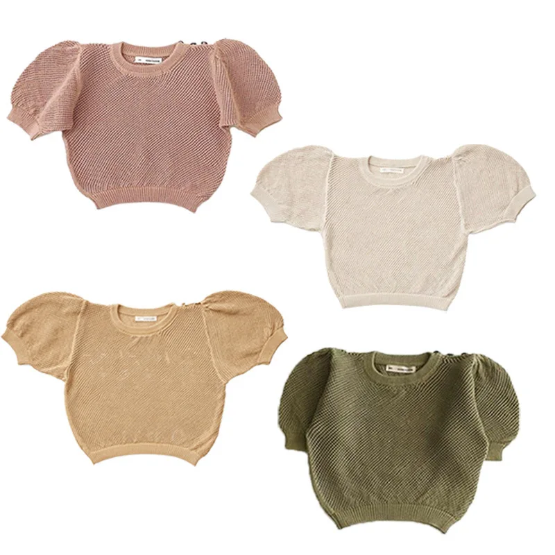 

Girls' T-Shirts Girls Clothes Knit T-Shirts Spring Summer New Girls Tops Puff Sleeves Cutout T-Shirts Sweet Beauty Baby Tops