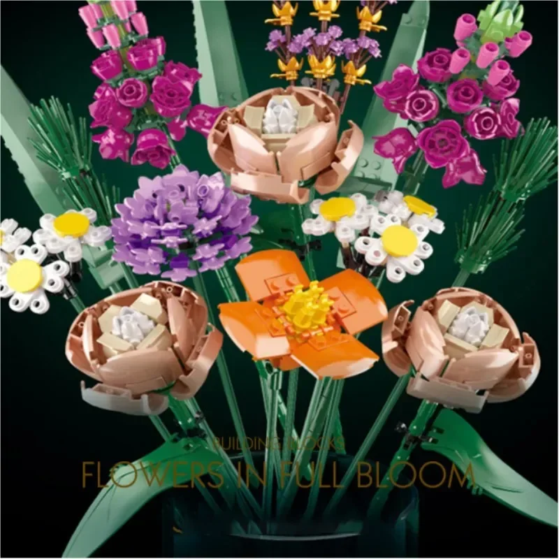 Женский букет цветов роза орхидея строительные блоки кирпичи сделай сам