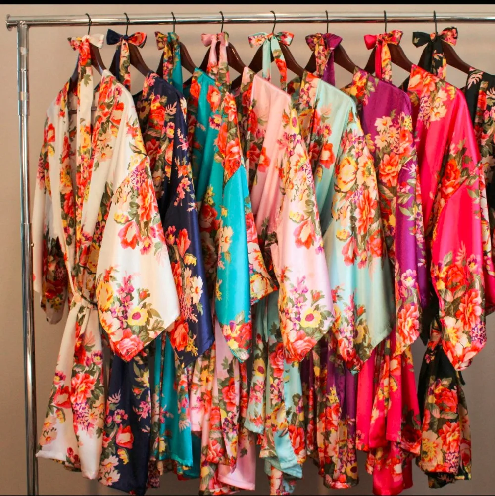 Wedding Bride Bridesmaid Floral Robe Satin Rayon Bathrobe Nightgown for Women Kimono Bridal Robes Sleepwear Flower Plus Size