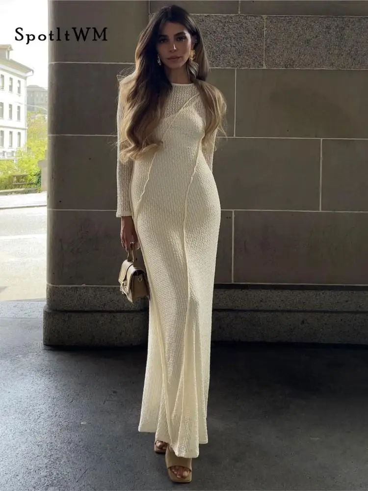 

Women Solid Hollow Out Knitted Maxi Dress Eleagnt O Neck Long Sleeve Slim A Line Vestidos Fashion Female Bohe Patchment Robe