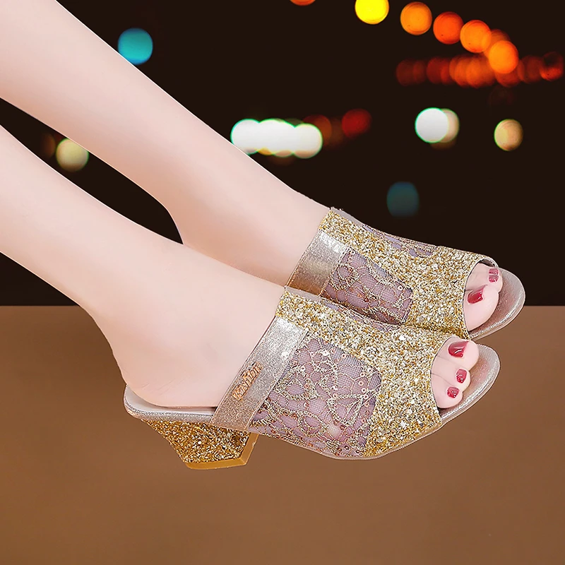

Gold Open Toe Sandals, Women's High Heels, Lace Dress Shoes, High Heels, Square Heels, Summer 2022