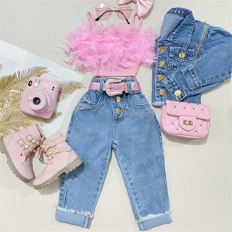 

Джинсовая кофта для девочек без рукавов с карманами + детские розовые комплекты с перьями, модная одежда, Детская летняя одежда