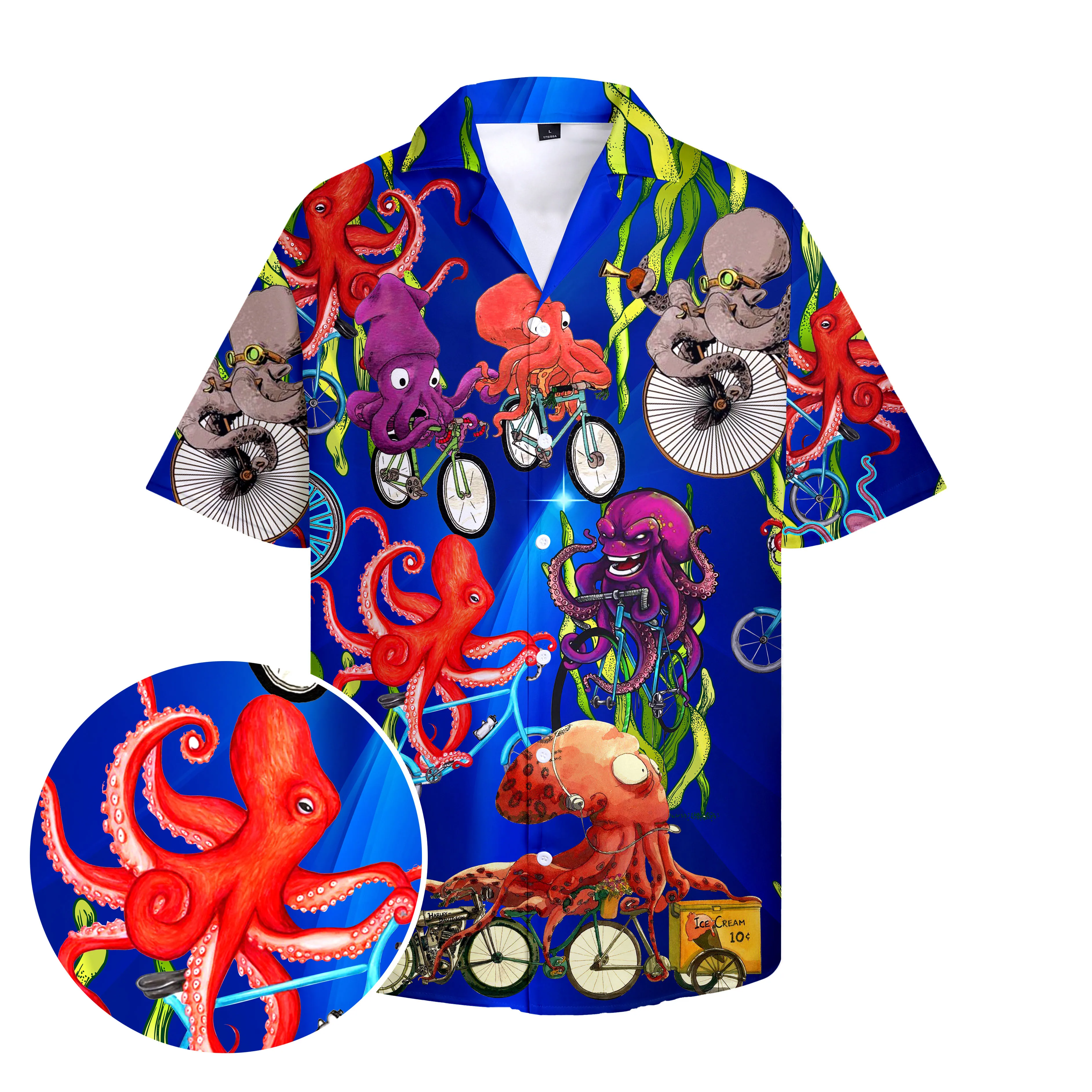 

New Hawaiian Men's Shirt Art Style Ocean World Octopus Tops Casual Short Sleeve Button Up Summer Shirts Oversized