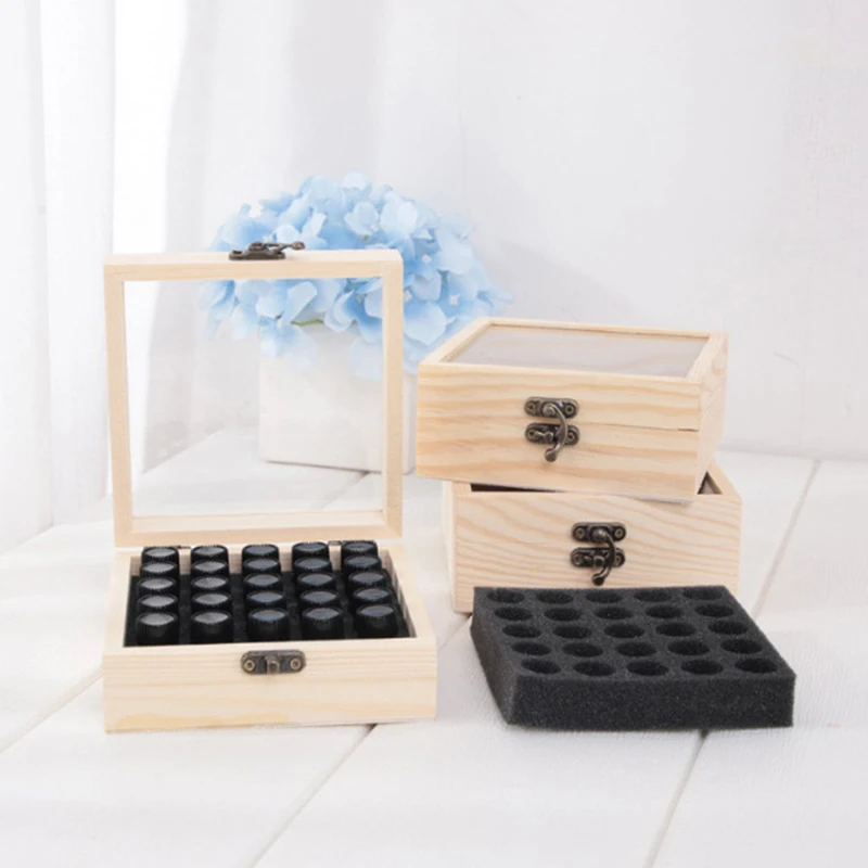 

25 Grids Wooden Essential Oil Storage Box Organizer Essential Oil Carrying Case Aromatherapy Container