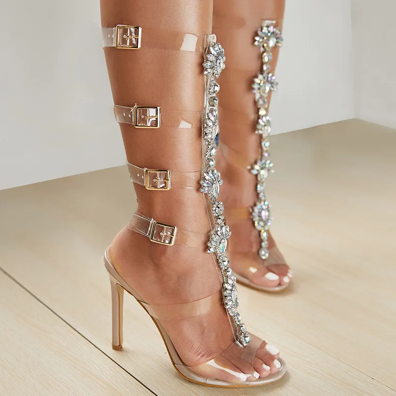 

Female Sandal Pvc Shoes Large Size High Heels Girls Plastic Comfort Fashion Big Rhinestone Beige High-heeled Stiletto Rome PU Fa