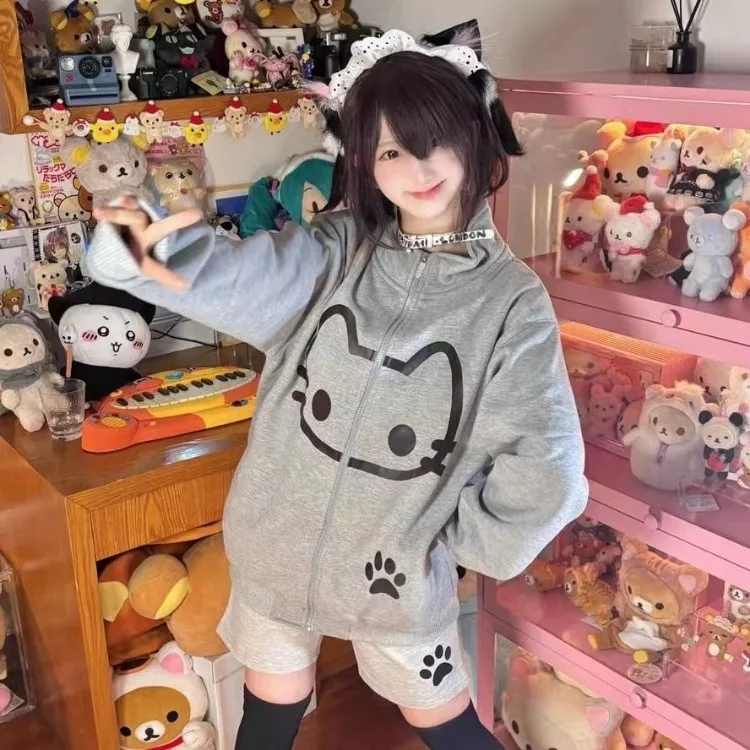 Harajuku Sweet Cute Cat Серые куртки с воротником-стойкой 2024 Осенний кардиган Пальто