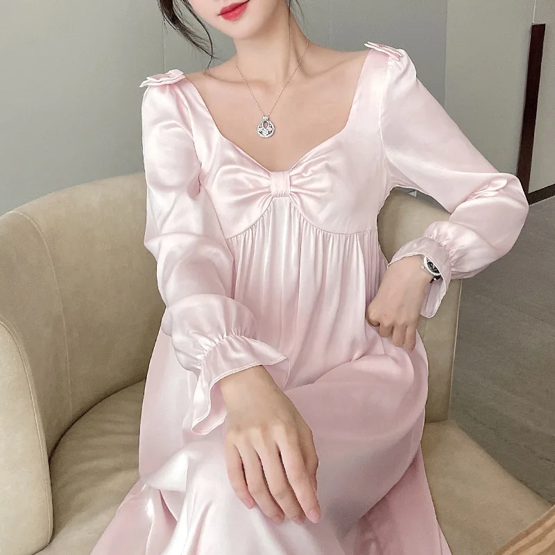 

Retro Court Style Princess Nightdress New Spring Summer Women Long Nightgown Sleepwear Loose Casual Satin Homewear Lounge Wear