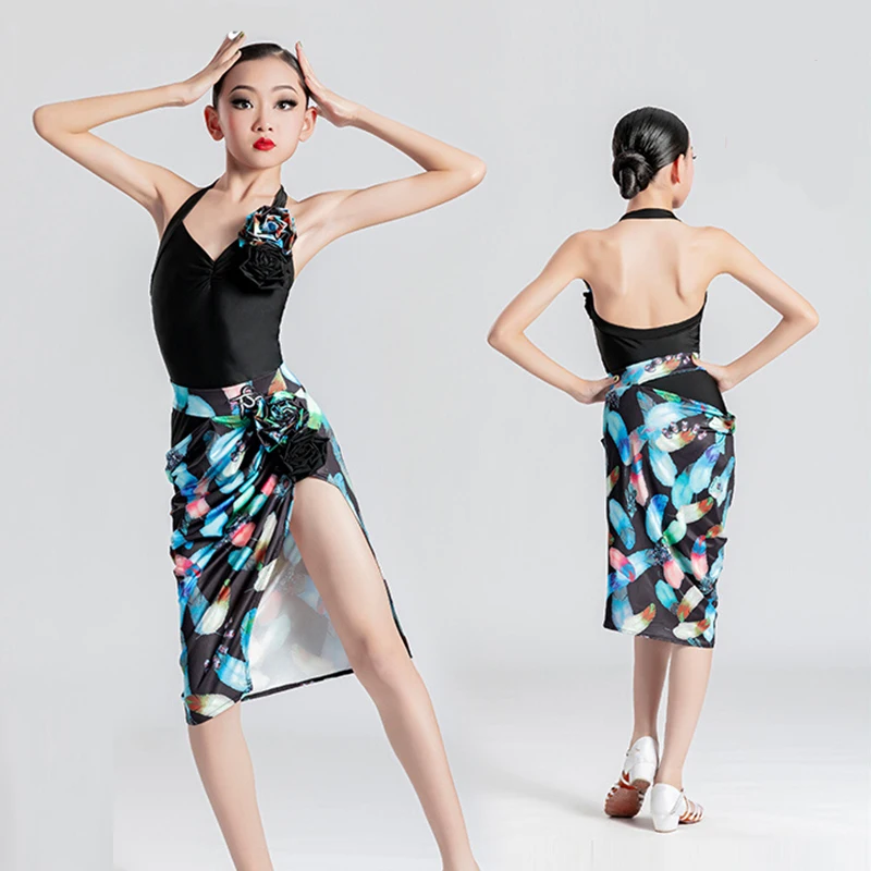 

Latin Dance Clothes Girls Samba Rumba Dancer Outfit Halter Tops Printing Slit Skirt ChaCha Dancing Performance Costume VDB4953