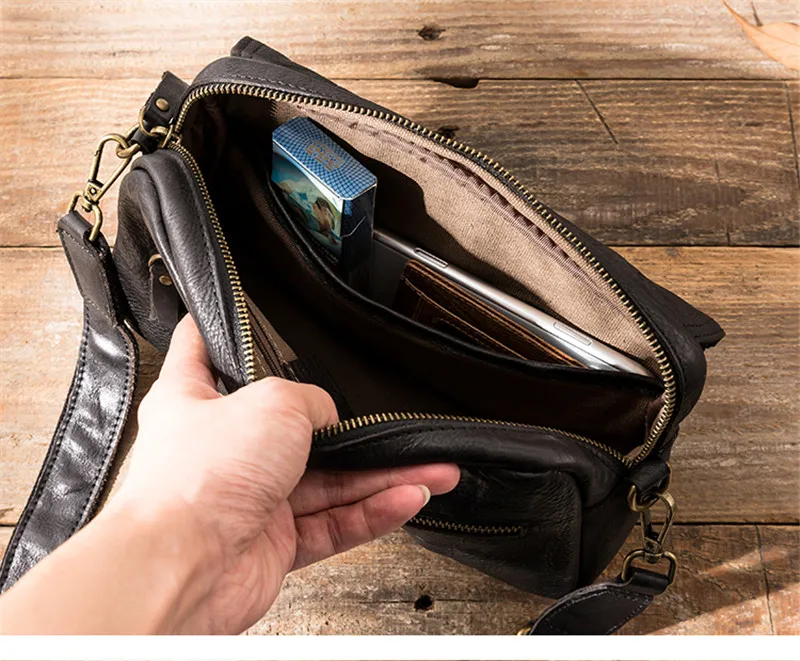 PNDME fashion casual high quality genuine leather men's black messenger bag outdoor daily travel soft real cowhide shoulder bag